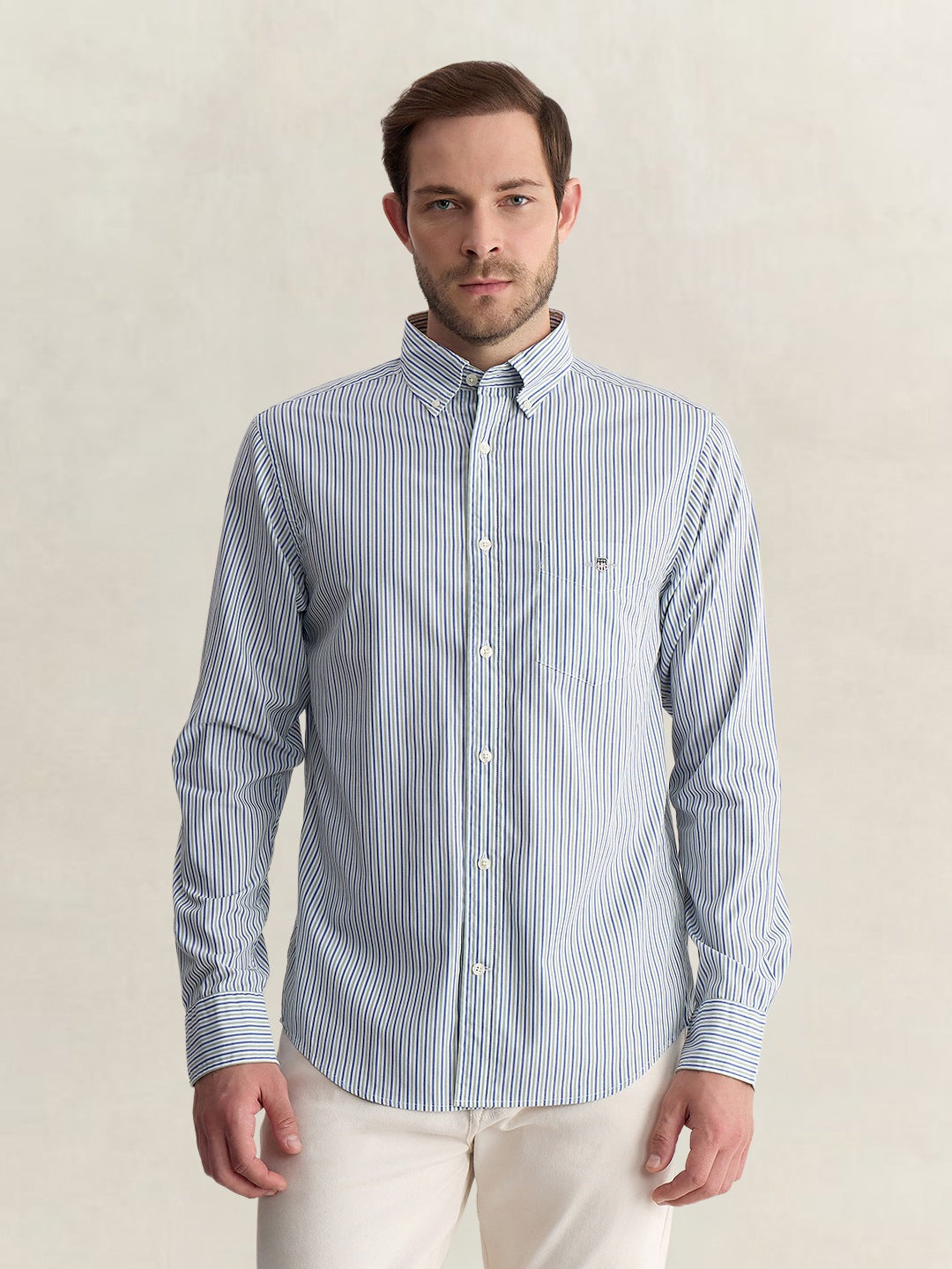 Gant Men Light Blue Regular Fit Striped Poplin Shirt