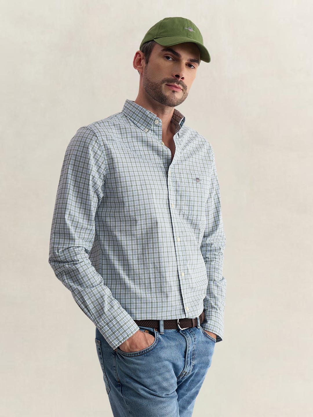 Gant Men Green Regular Fit Checked Poplin Shirt
