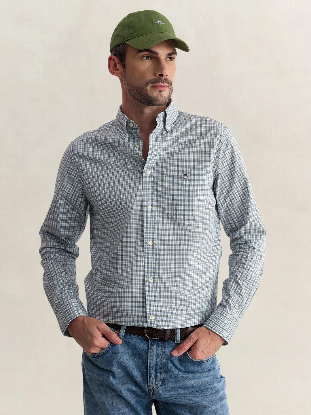 Gant Men Green Regular Fit Checked Poplin Shirt