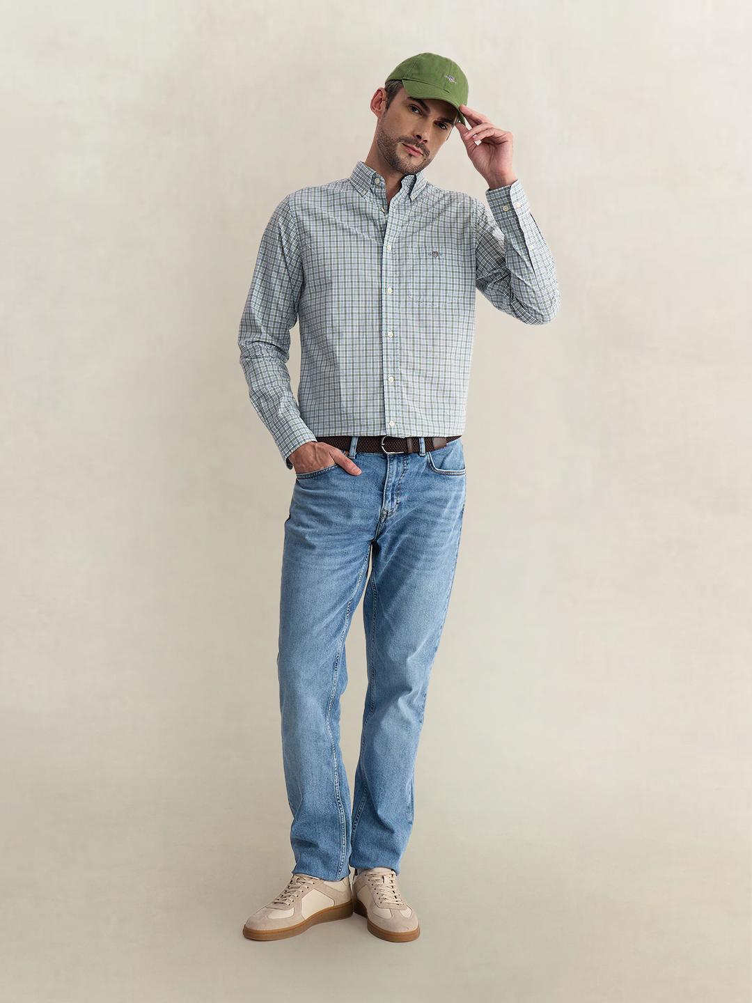 Gant Men Green Regular Fit Checked Poplin Shirt