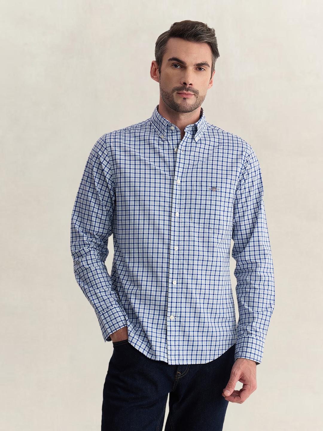 Gant Men Blue Regular Fit Checked Poplin Shirt