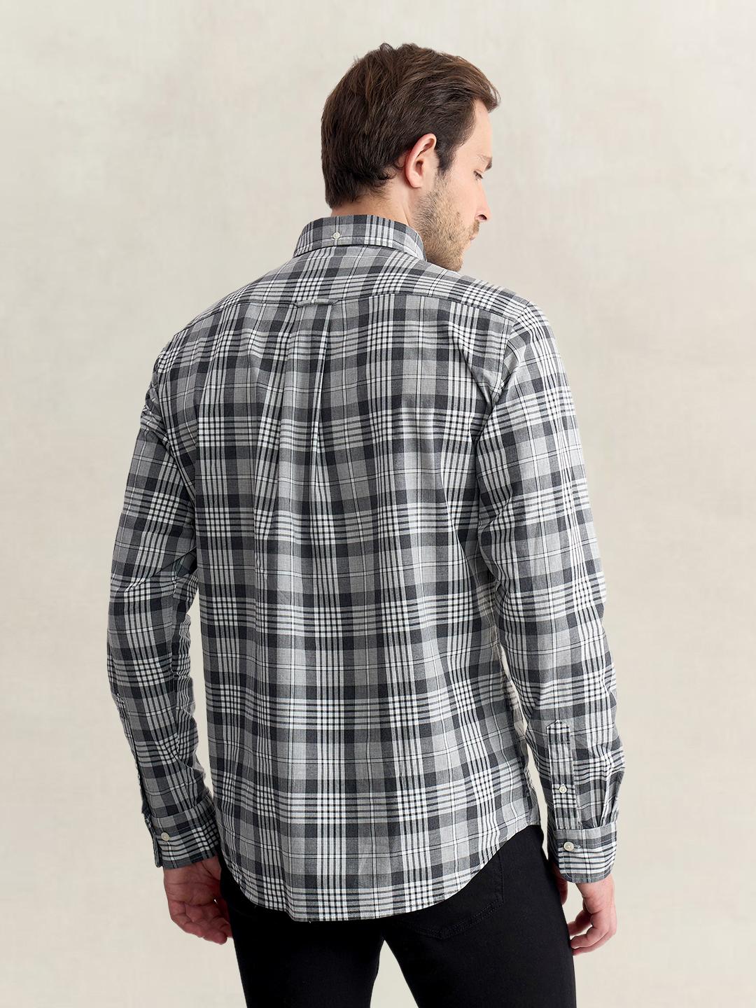 Gant Men Grey Regular Fit Melange Check Poplin Shirt