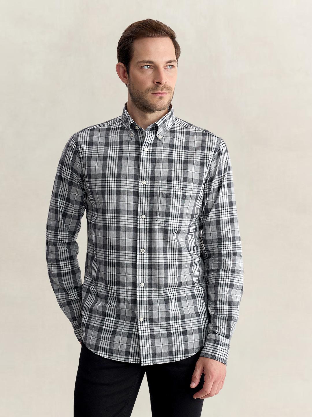 Gant Men Grey Regular Fit Melange Check Poplin Shirt
