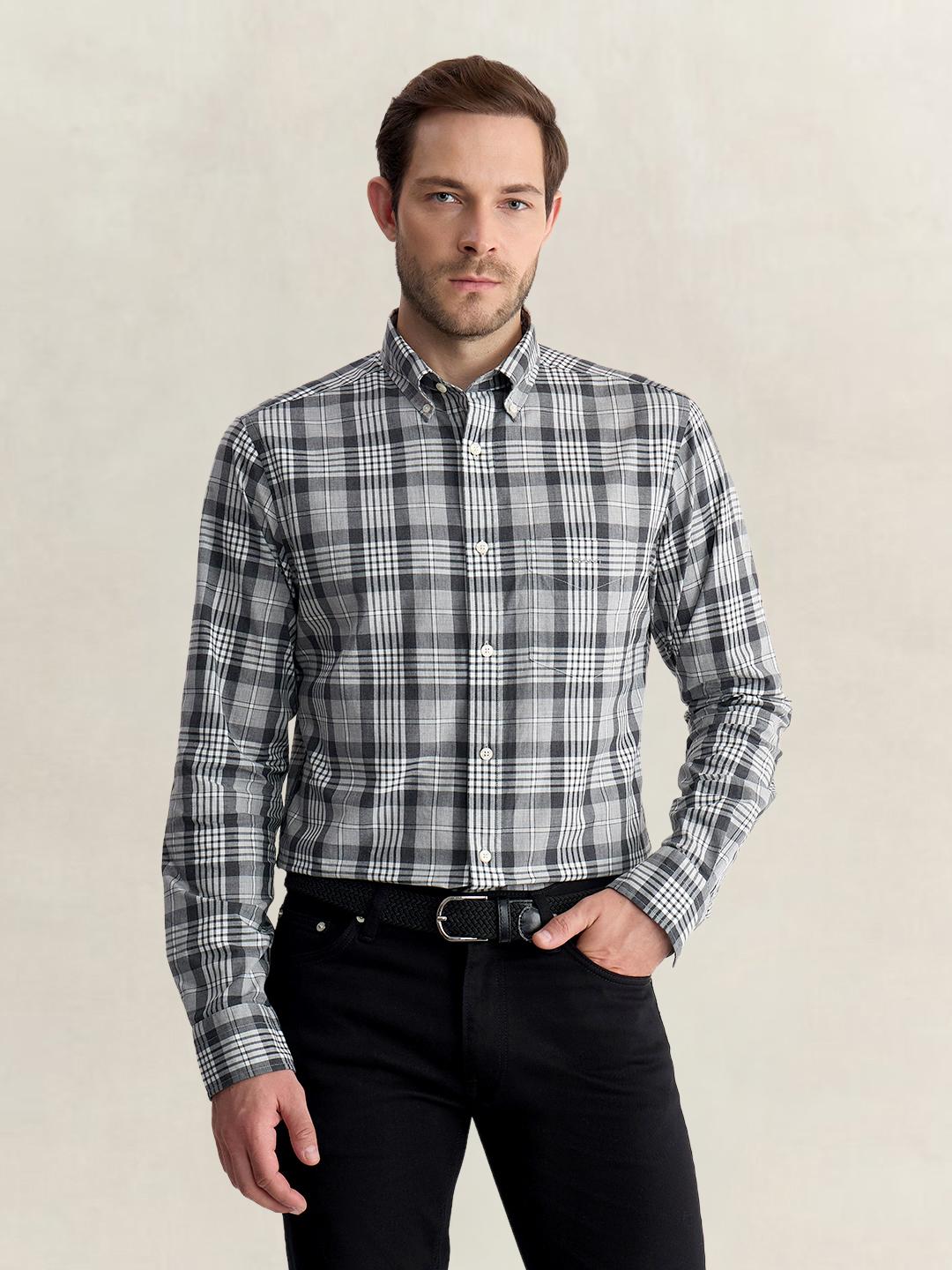 Gant Men Grey Regular Fit Melange Check Poplin Shirt