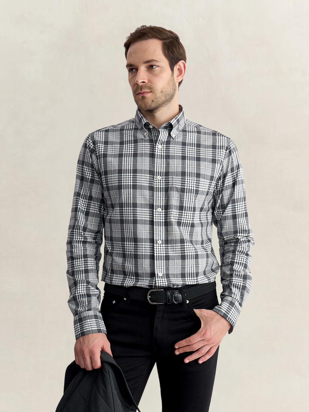 Gant Men Grey Regular Fit Melange Check Poplin Shirt