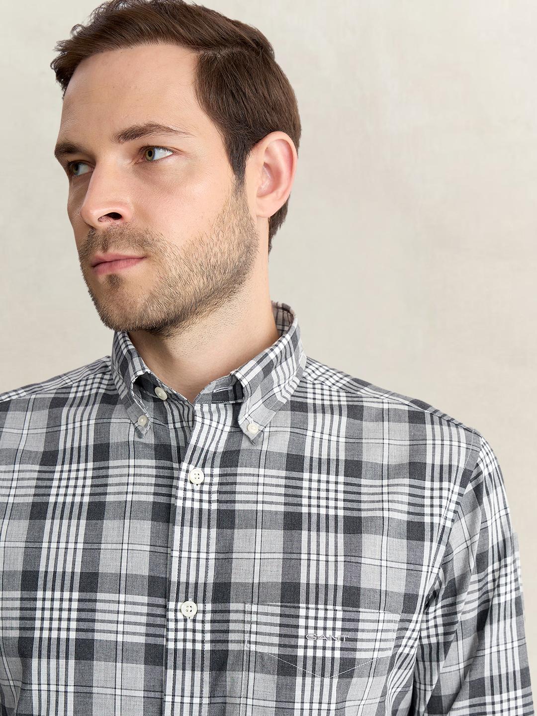 Gant Men Grey Regular Fit Melange Check Poplin Shirt