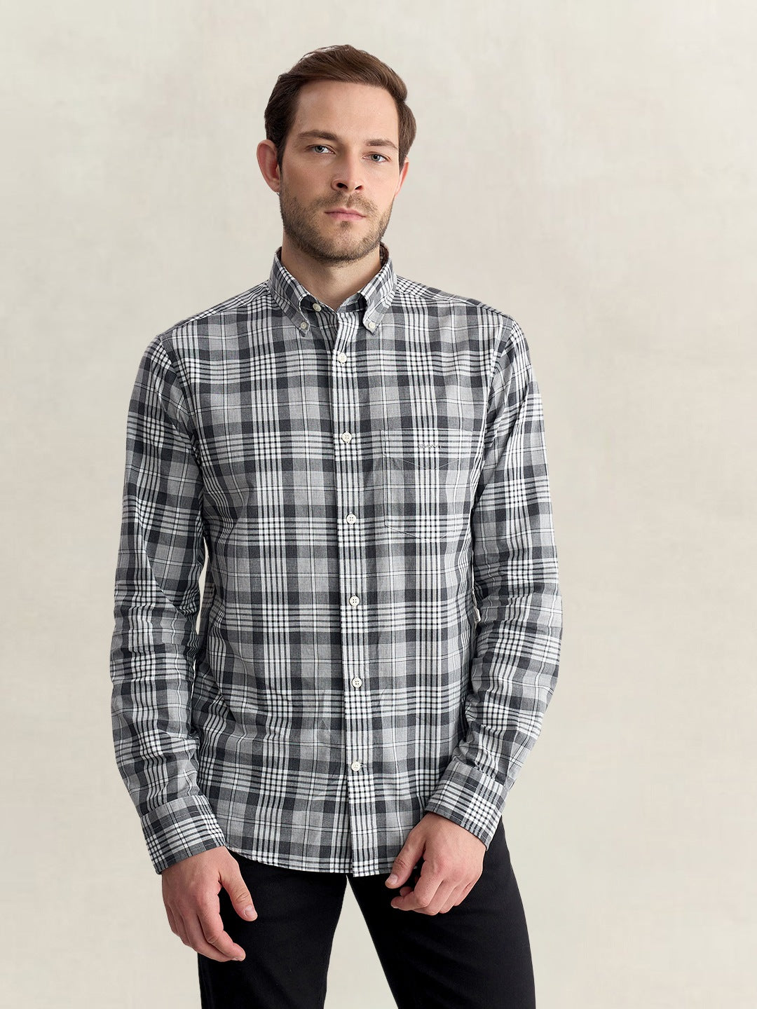 Gant Men Grey Regular Fit Melange Check Poplin Shirt