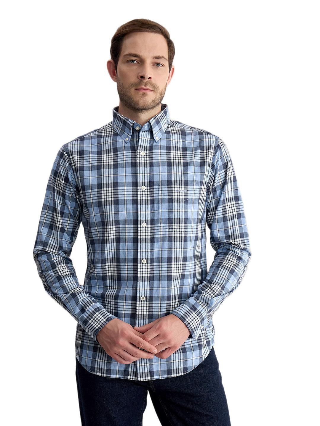 Gant Men Blue Regular Fit Melange Check Poplin Shirt