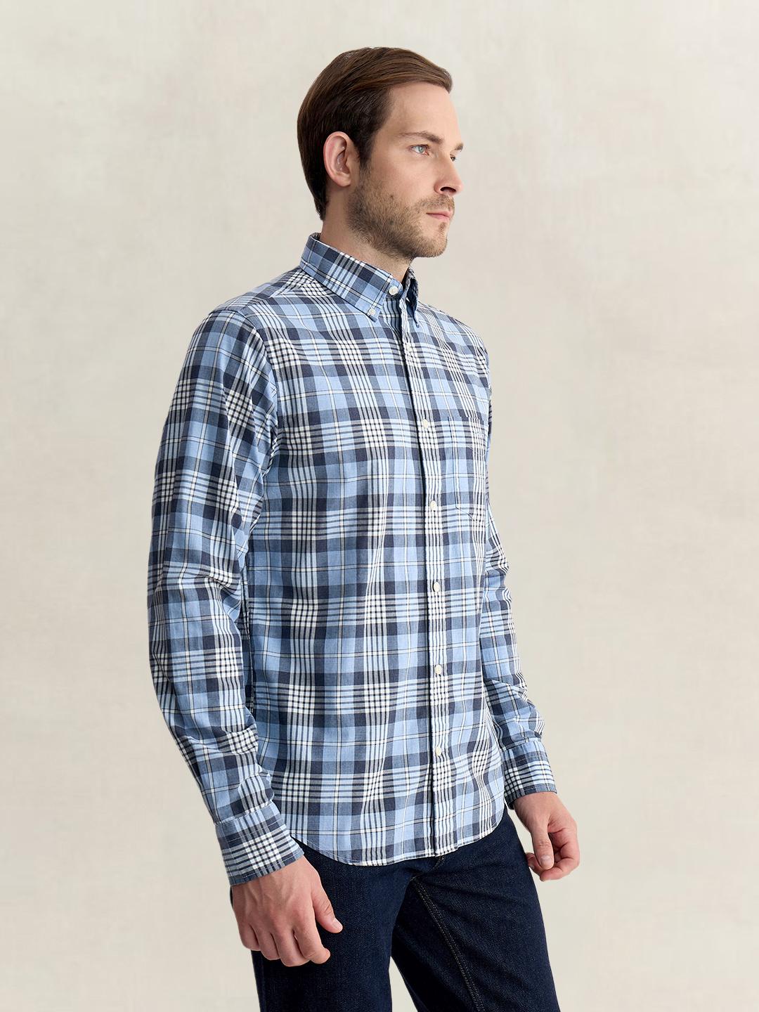 Gant Men Blue Regular Fit Melange Check Poplin Shirt