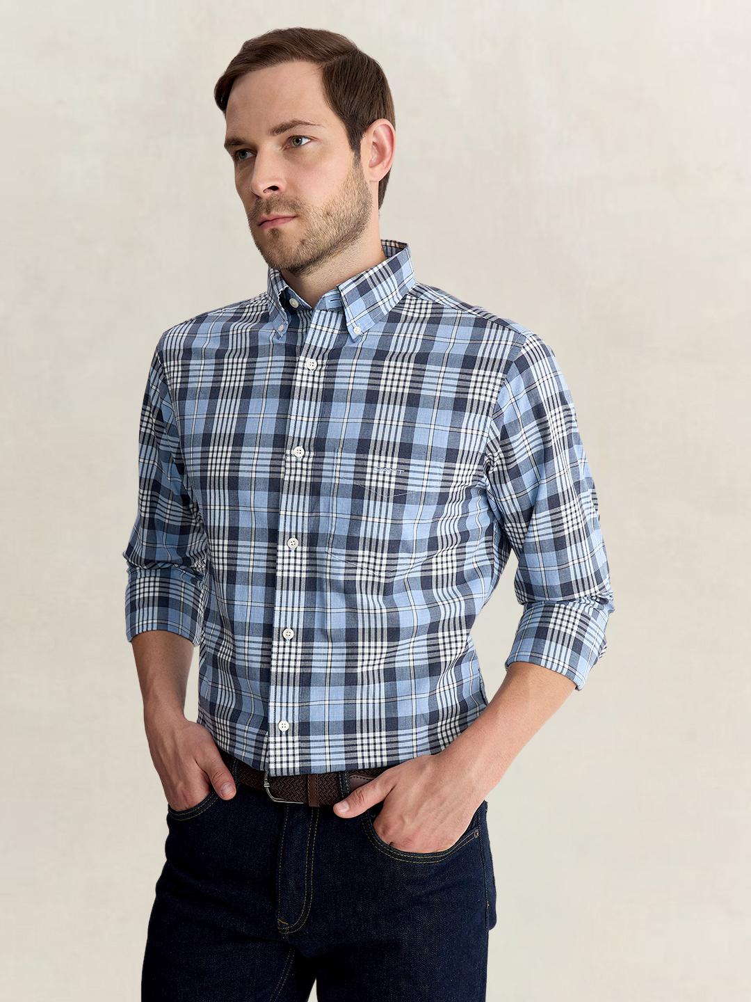Gant Men Blue Regular Fit Melange Check Poplin Shirt