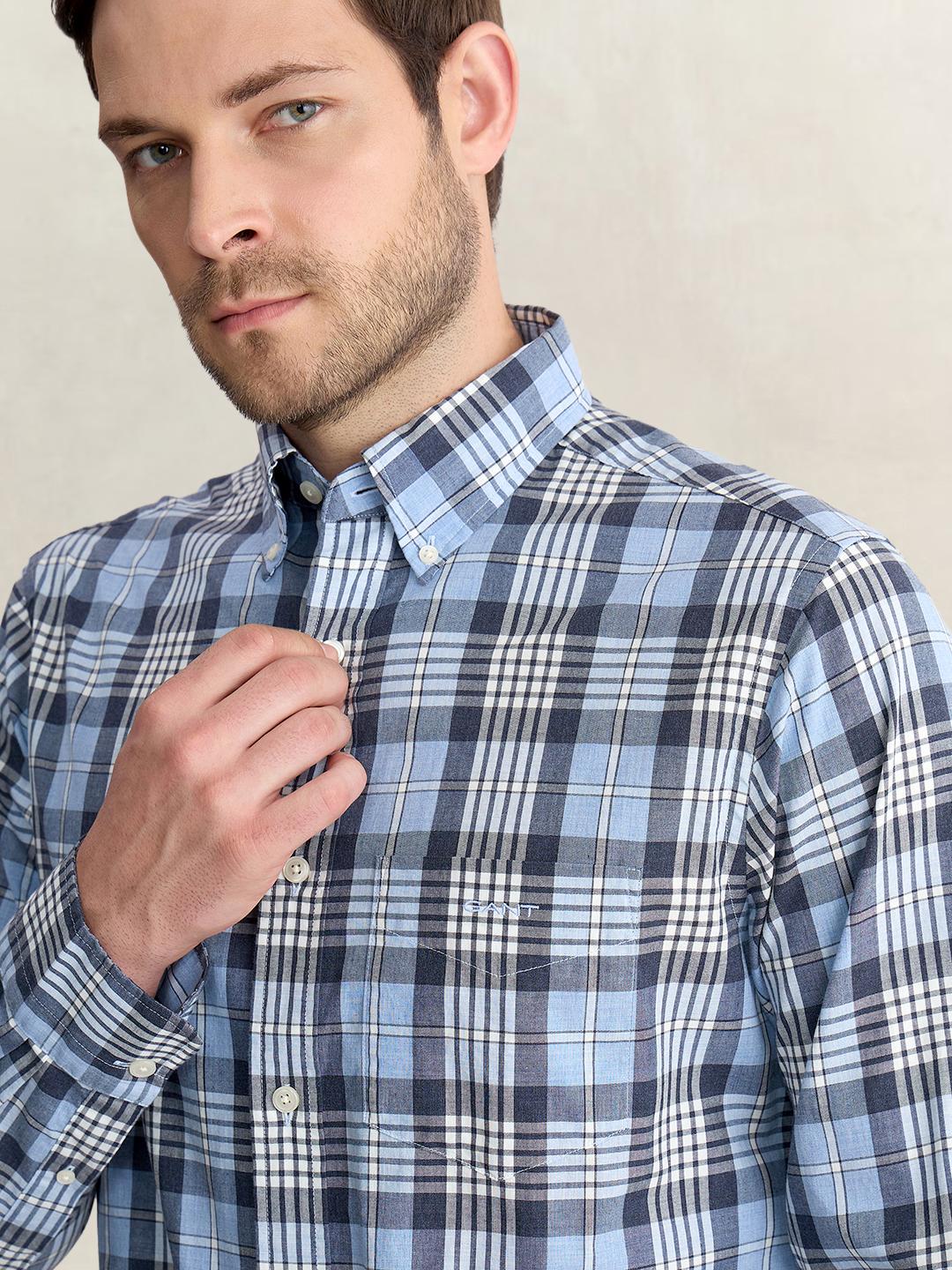 Gant Men Blue Regular Fit Melange Check Poplin Shirt