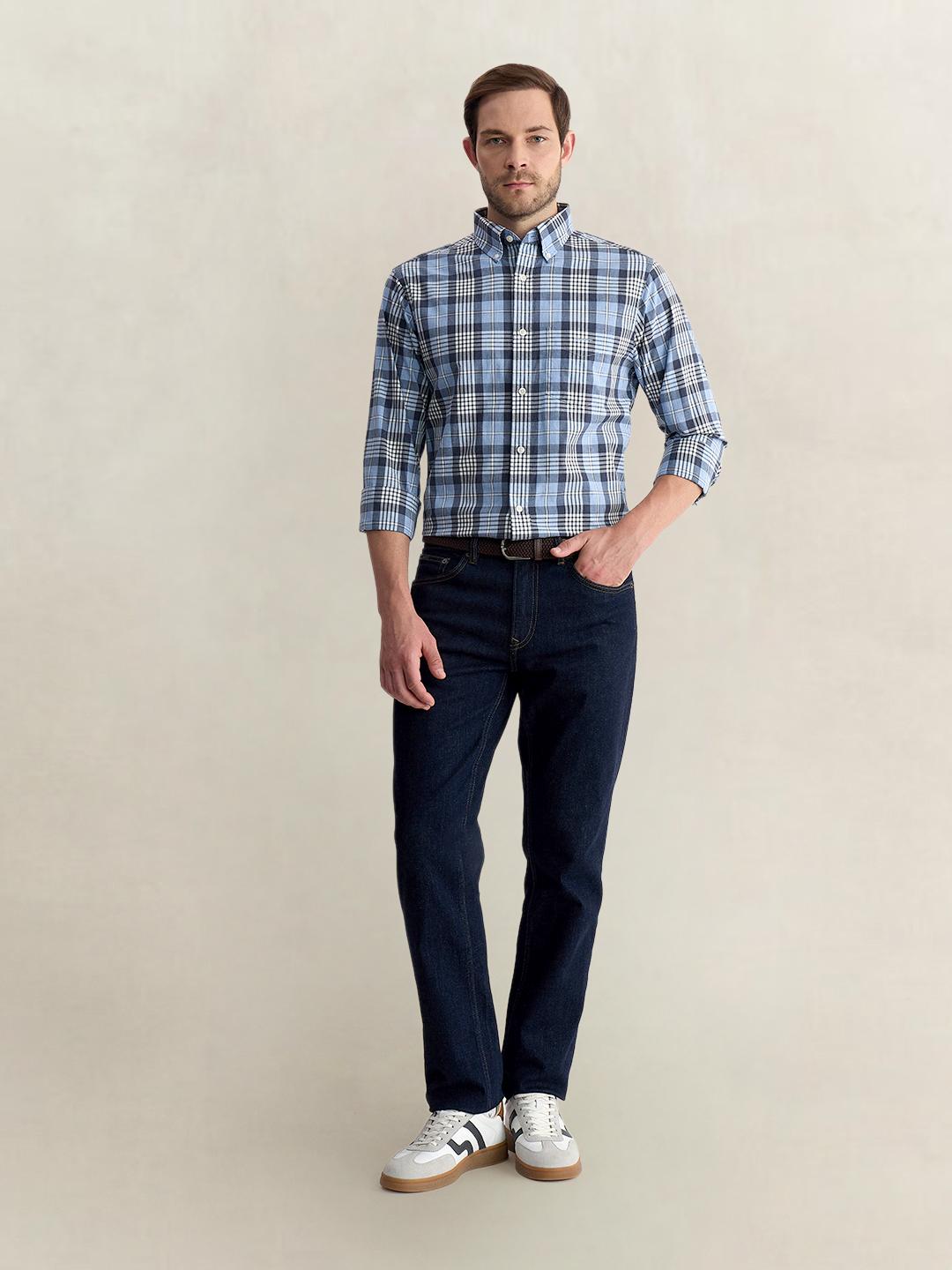 Gant Men Blue Regular Fit Melange Check Poplin Shirt