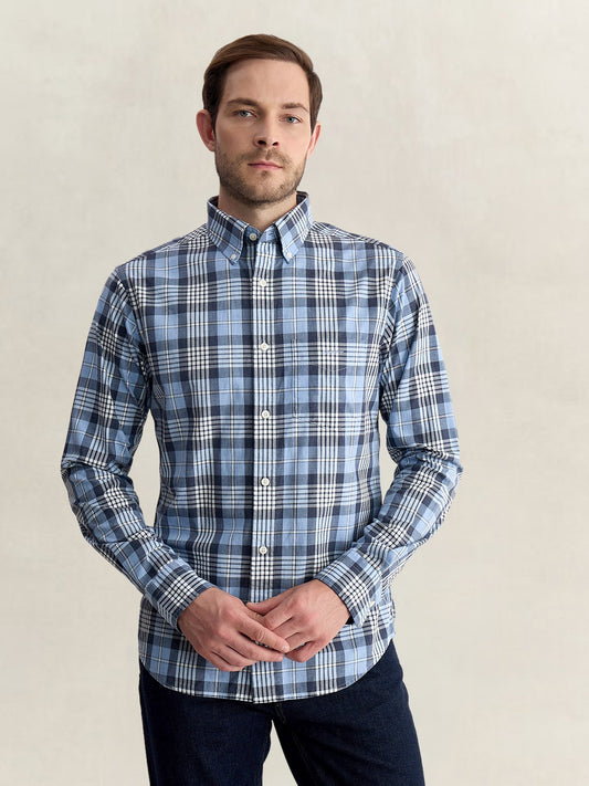 Gant Men Blue Regular Fit Melange Check Poplin Shirt