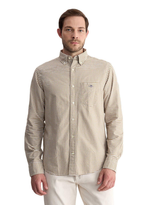 Gant Men Beige Regular Fit Oxford Check Pure Cotton Shirt