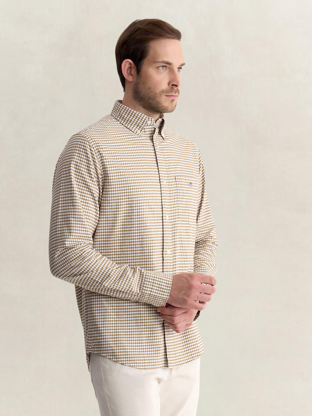 Gant Men Beige Regular Fit Oxford Check Pure Cotton Shirt