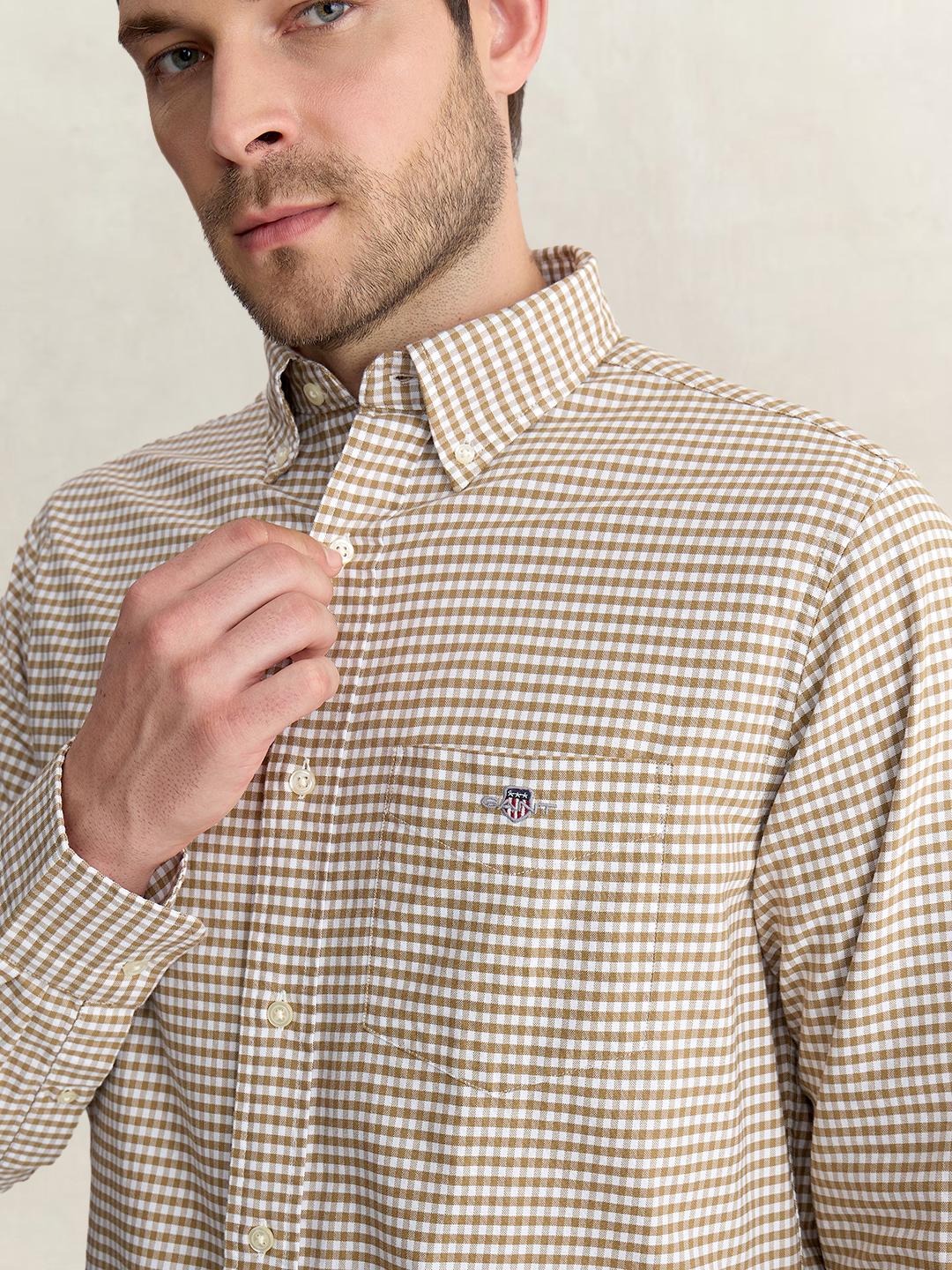 Gant Men Beige Regular Fit Oxford Check Pure Cotton Shirt