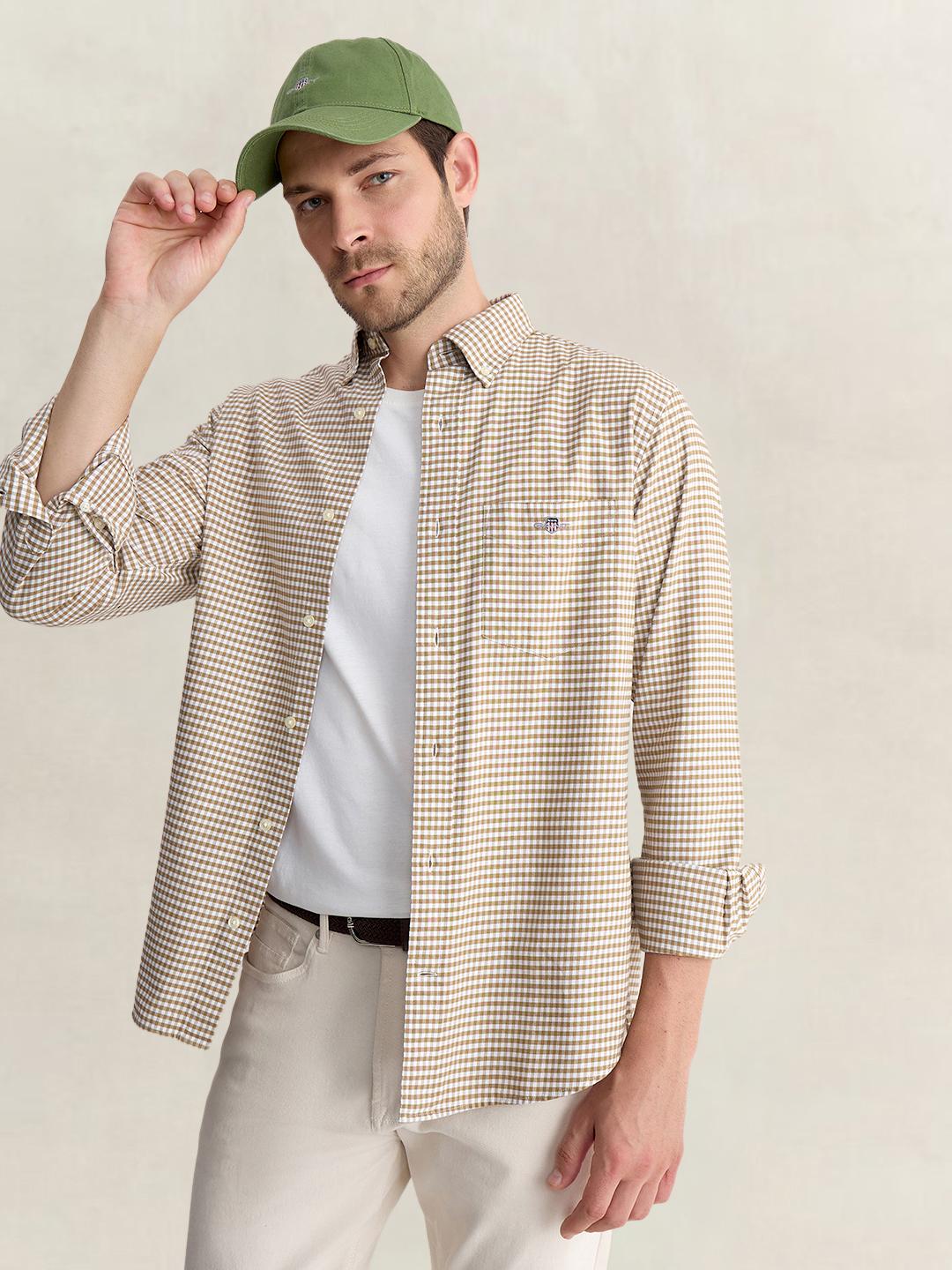 Gant Men Beige Regular Fit Oxford Check Pure Cotton Shirt