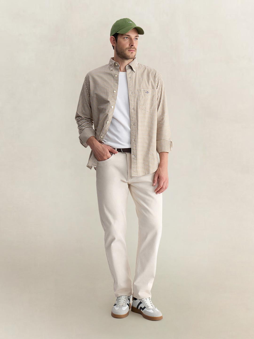 Gant Men Beige Regular Fit Oxford Check Pure Cotton Shirt