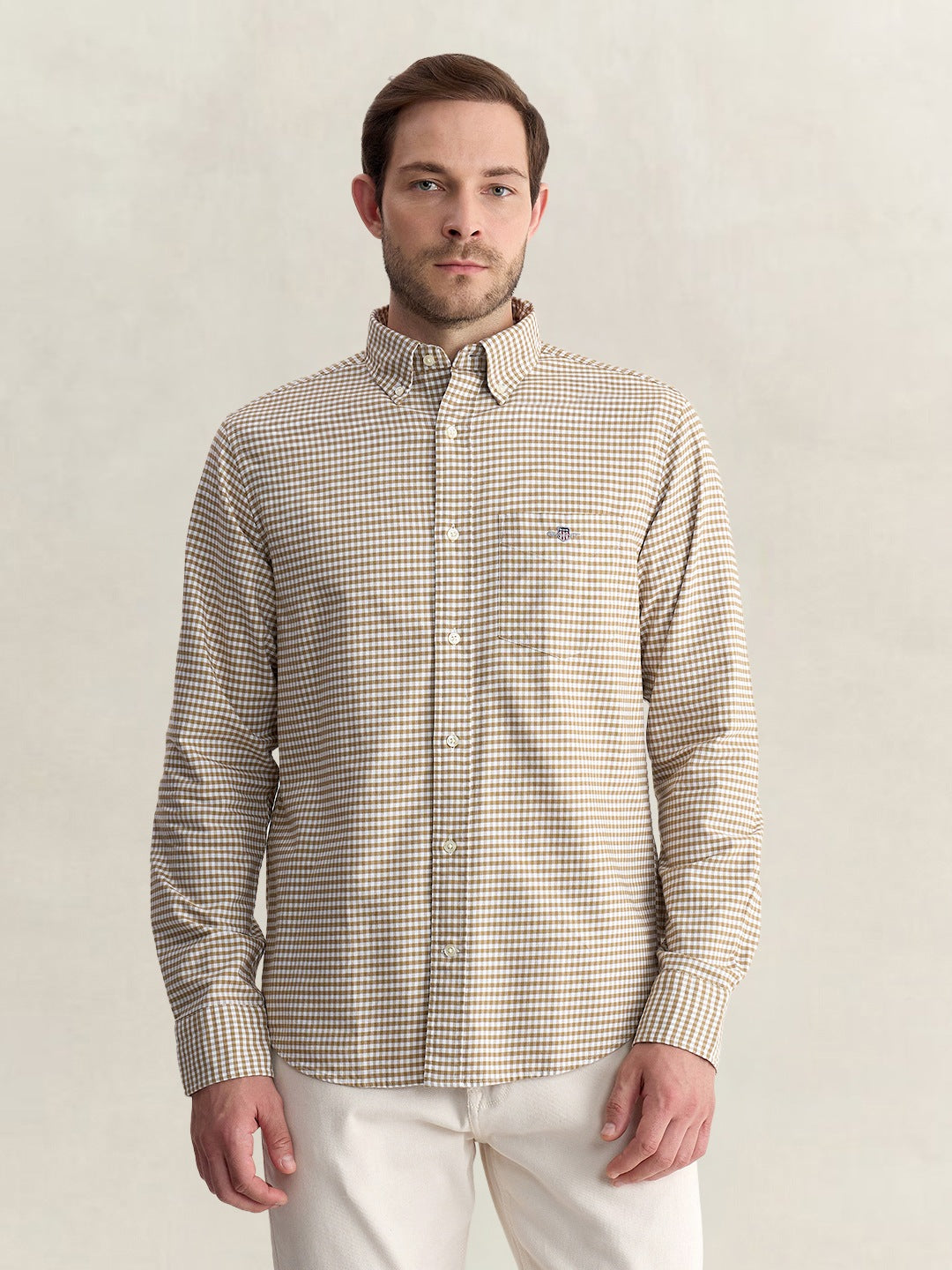 Gant Men Beige Regular Fit Oxford Check Pure Cotton Shirt