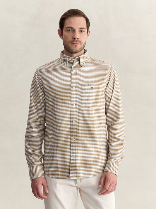Gant Men Beige Regular Fit Oxford Check Pure Cotton Shirt