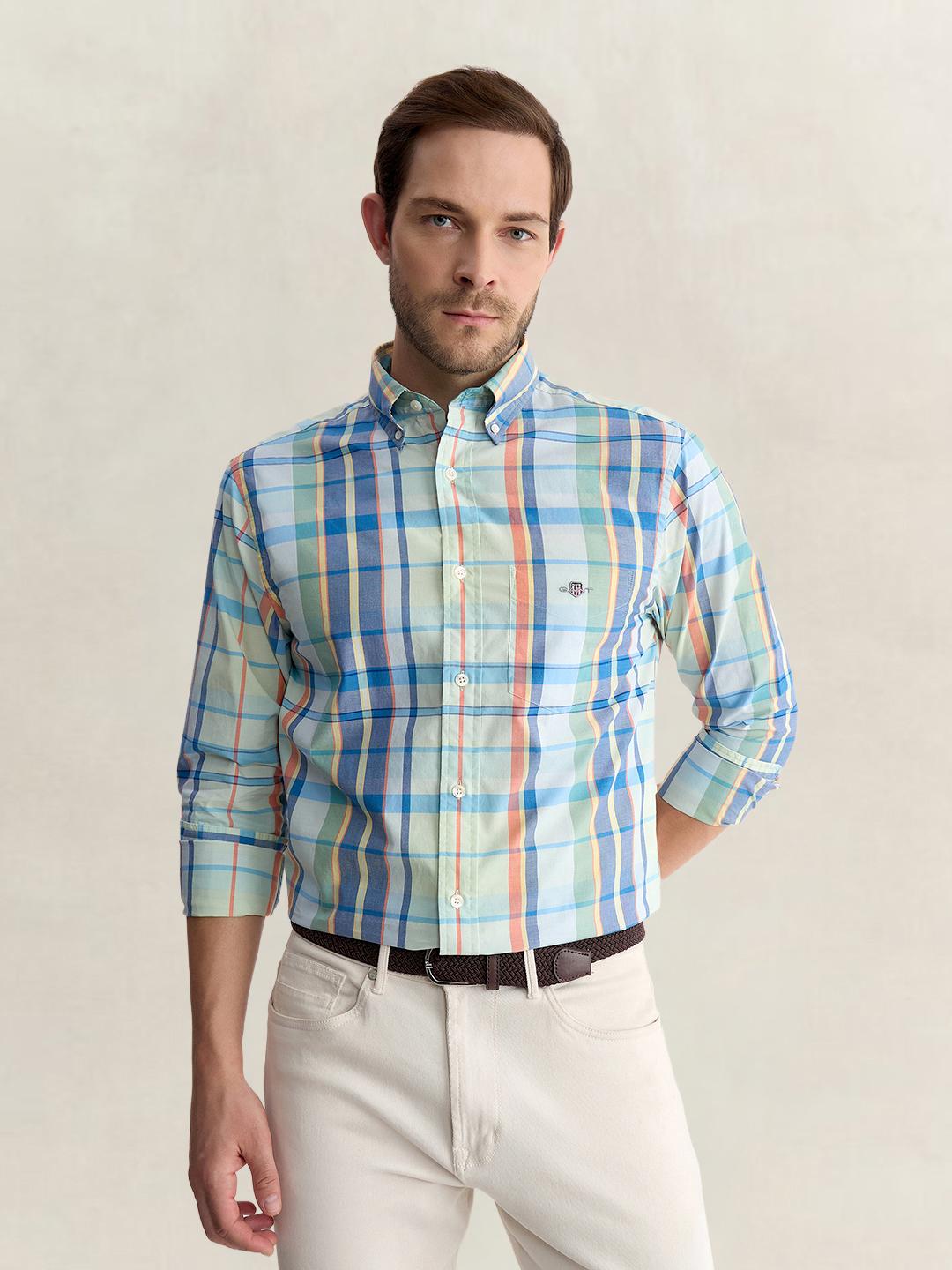 Gant Men Green Regular Fit Checked Poplin Shirt