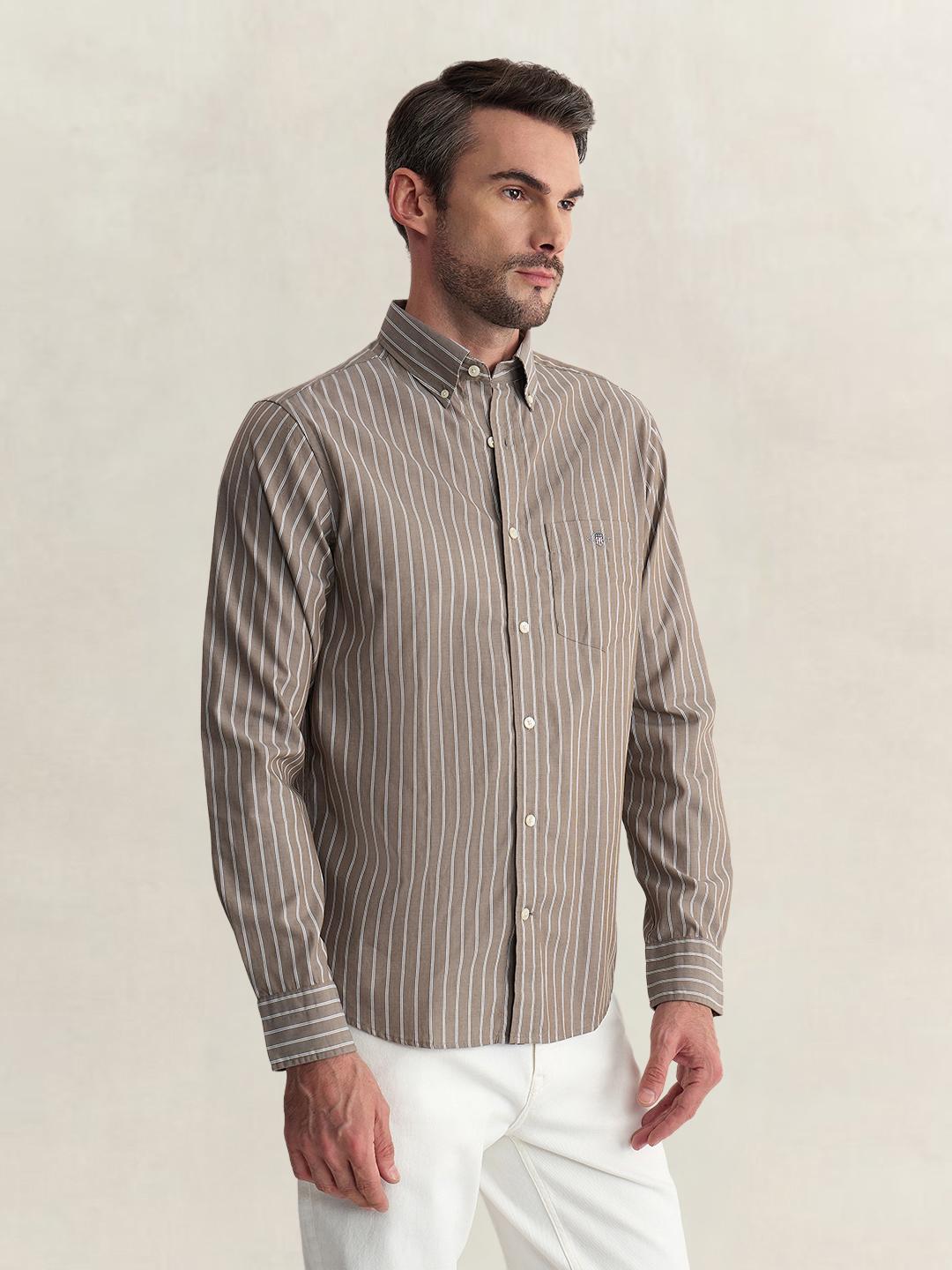 Gant Men Brown Regular Fit Striped Poplin Shirt