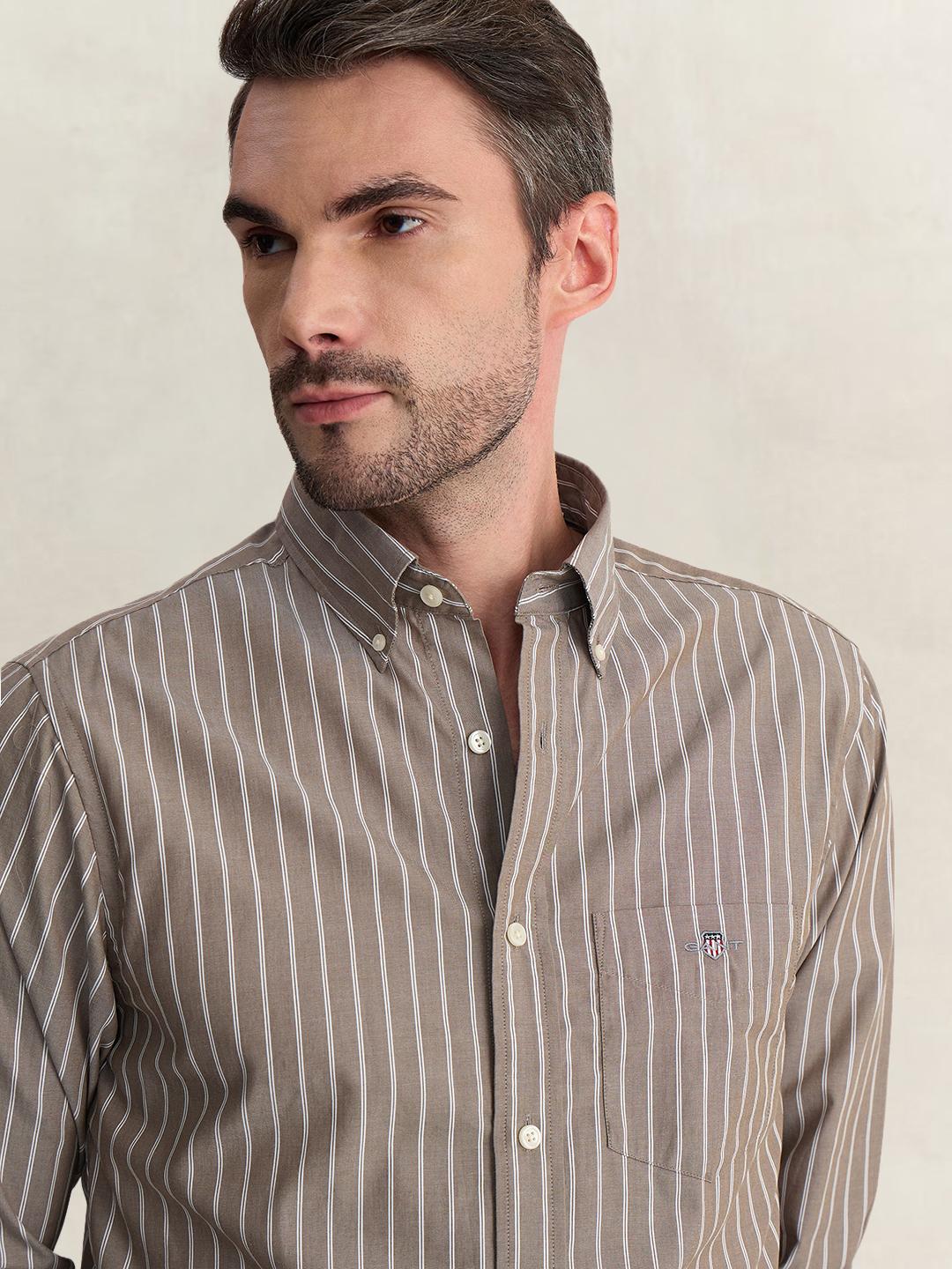 Gant Men Brown Regular Fit Striped Poplin Shirt