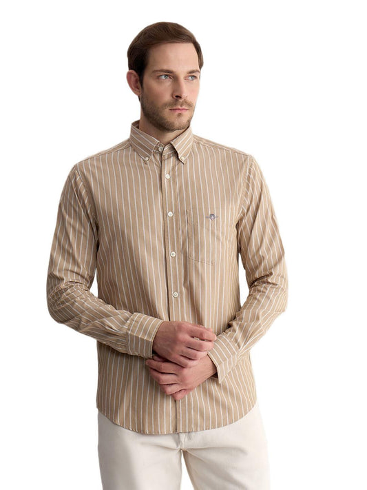 Gant Men Beige Regular Fit Striped Poplin Shirt