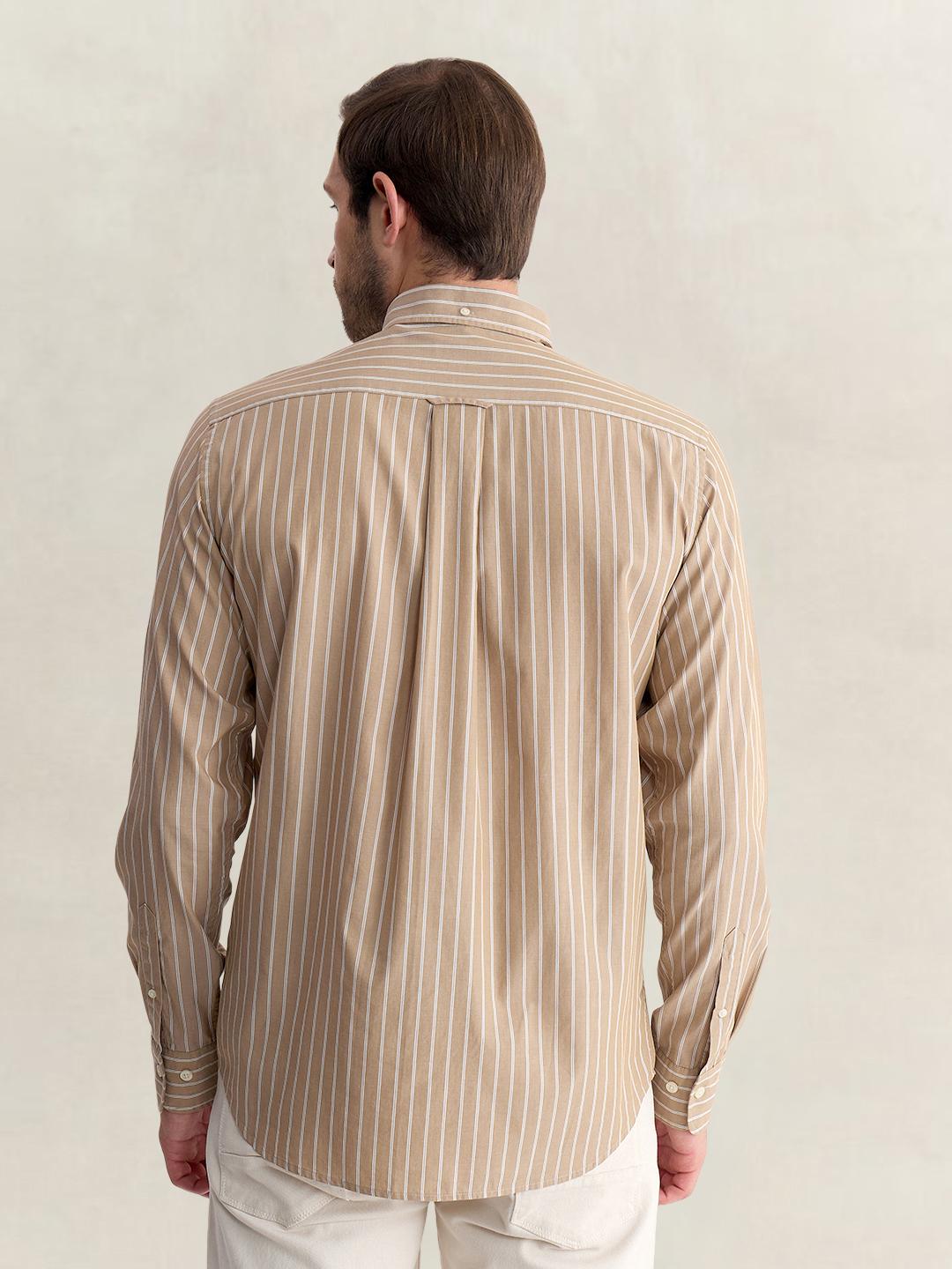 Gant Men Beige Regular Fit Striped Poplin Shirt