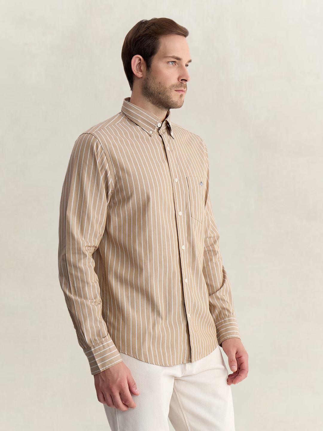 Gant Men Beige Regular Fit Striped Poplin Shirt