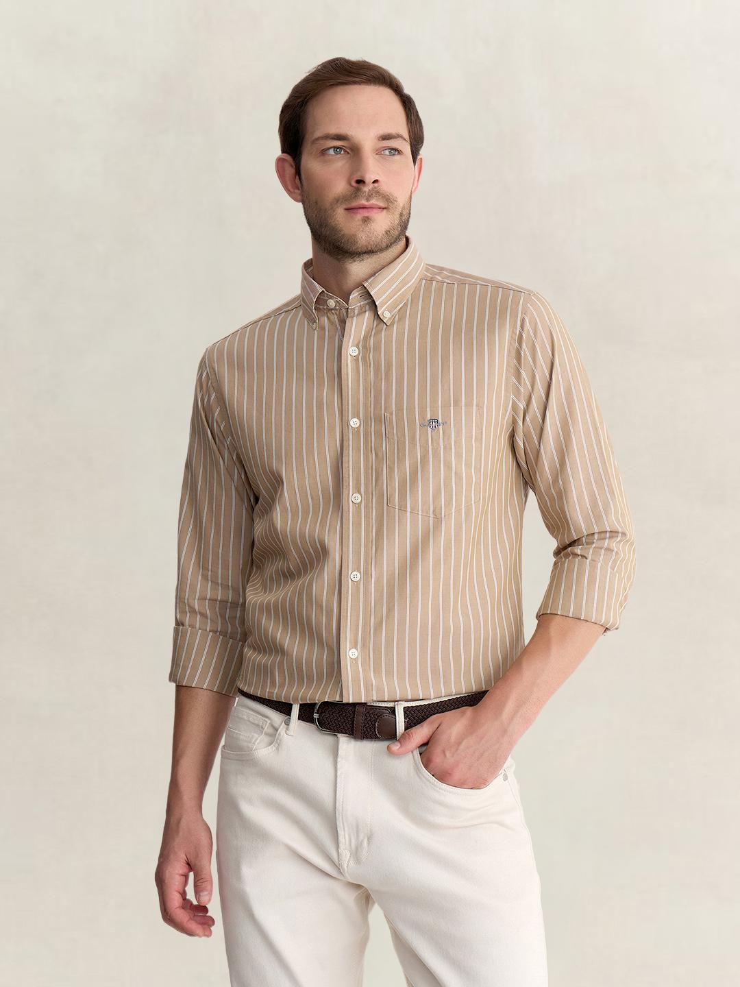 Gant Men Beige Regular Fit Striped Poplin Shirt