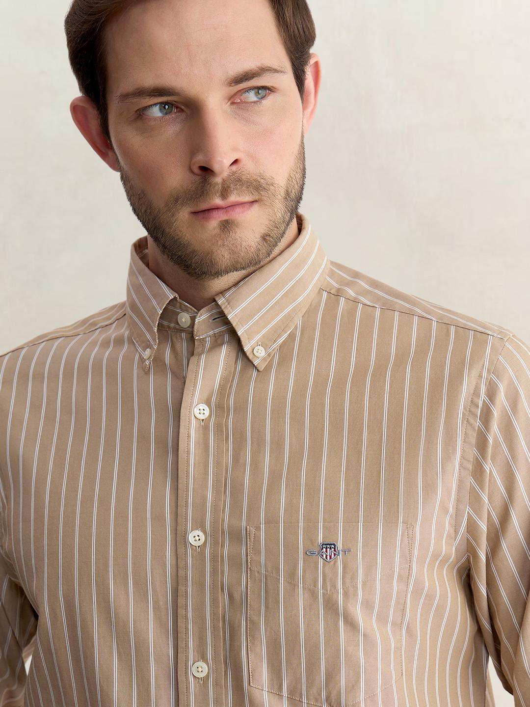 Gant Men Beige Regular Fit Striped Poplin Shirt