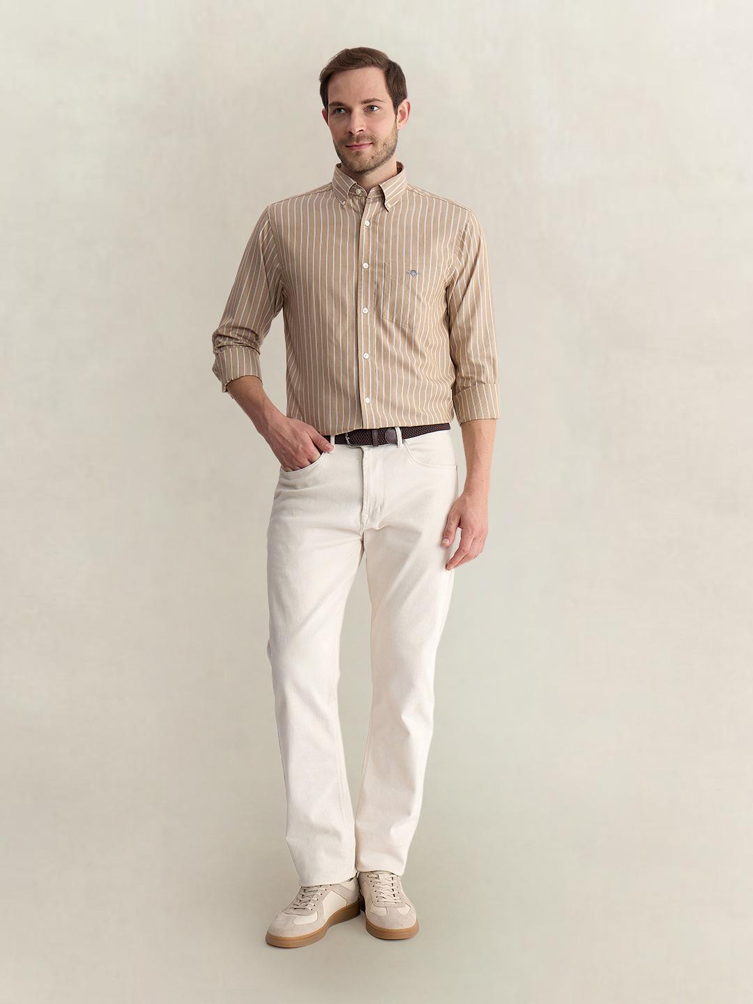 Gant Men Beige Regular Fit Striped Poplin Shirt