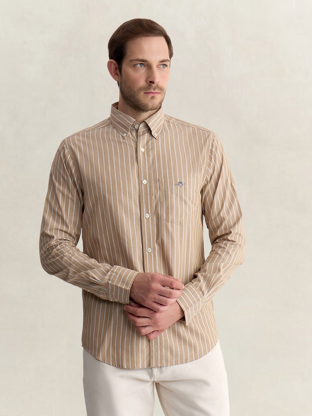 Gant Men Beige Regular Fit Striped Poplin Shirt