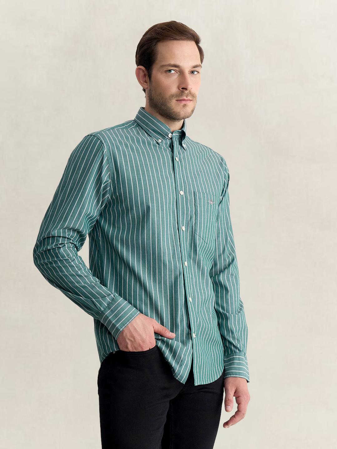 Gant Men Green Regular Fit Striped Poplin Shirt