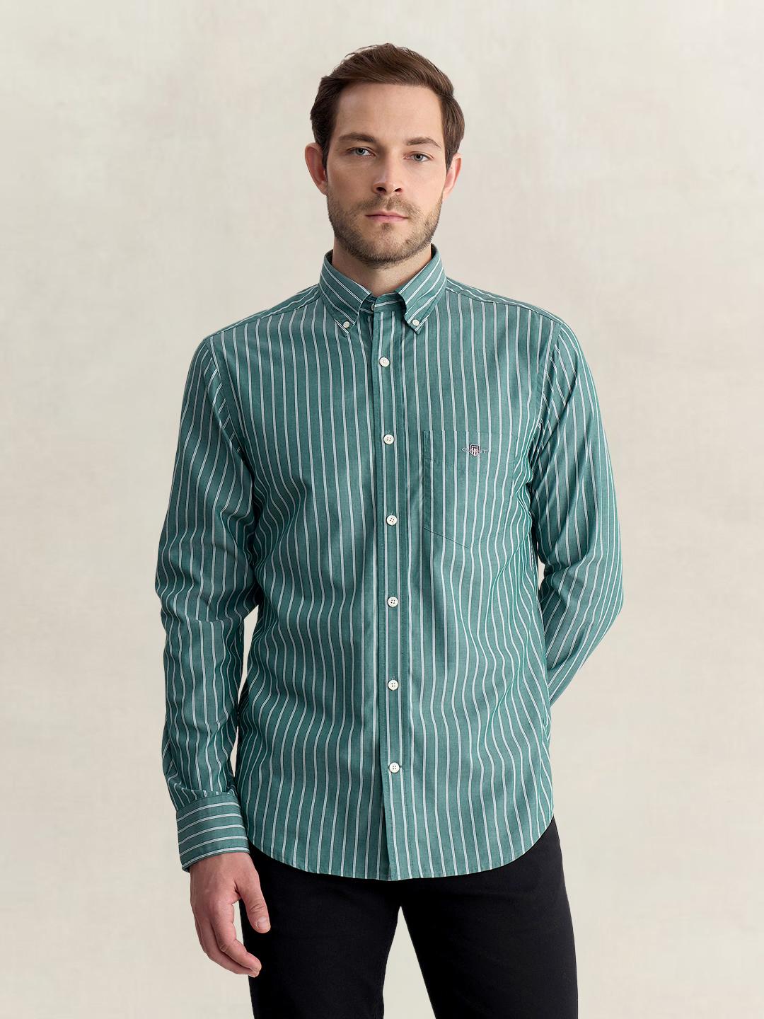 Gant Men Green Regular Fit Striped Poplin Shirt