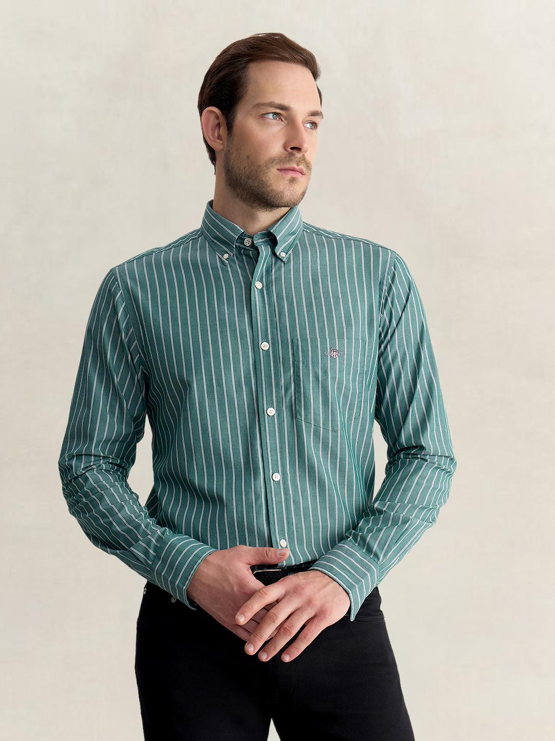 Gant Men Green Regular Fit Striped Poplin Shirt