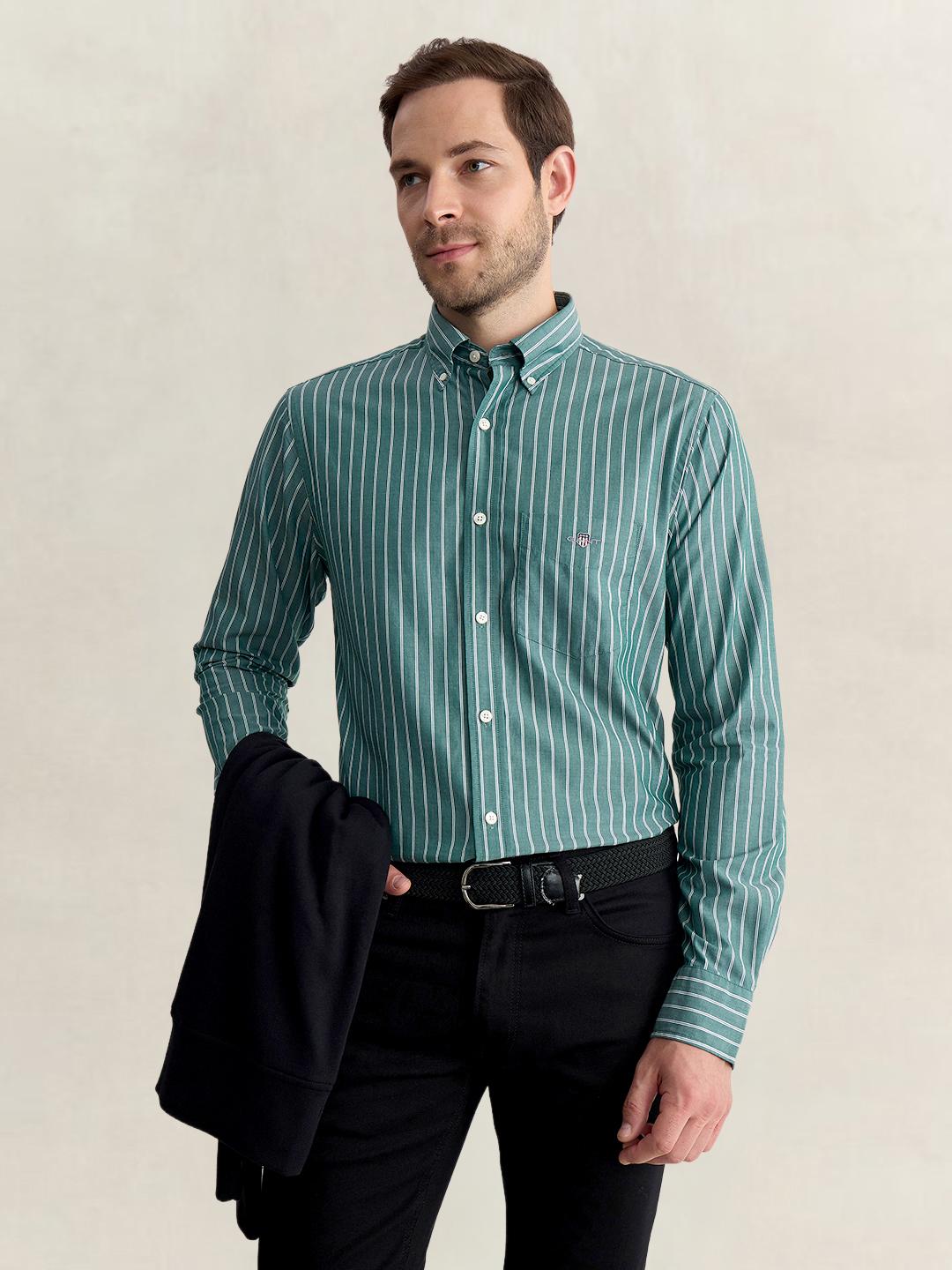 Gant Men Green Regular Fit Striped Poplin Shirt
