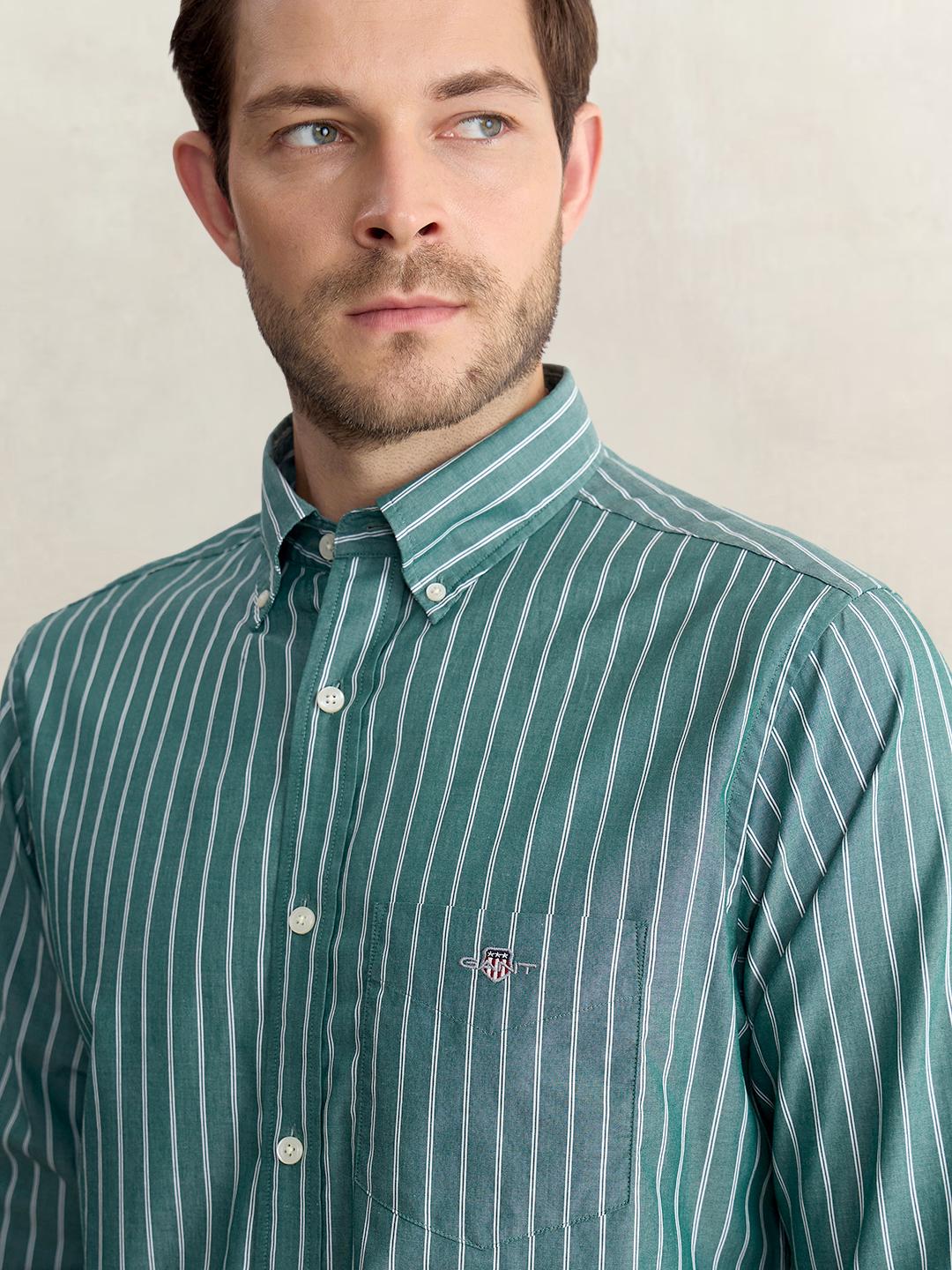 Gant Men Green Regular Fit Striped Poplin Shirt