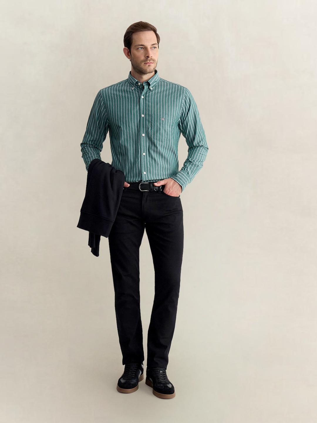 Gant Men Green Regular Fit Striped Poplin Shirt