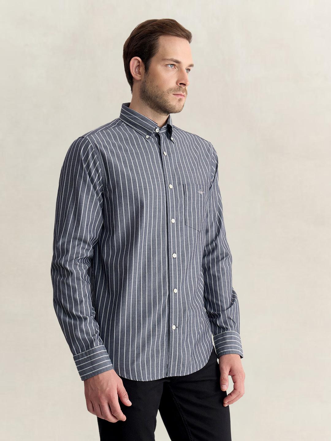 Gant Men Blue Regular Fit Striped Poplin Shirt
