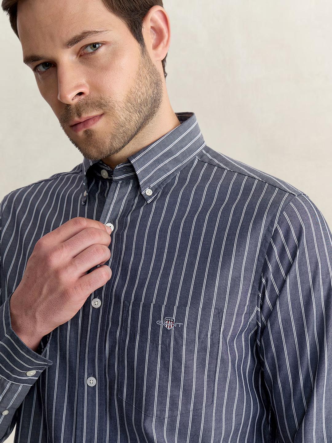 Gant Men Blue Regular Fit Striped Poplin Shirt