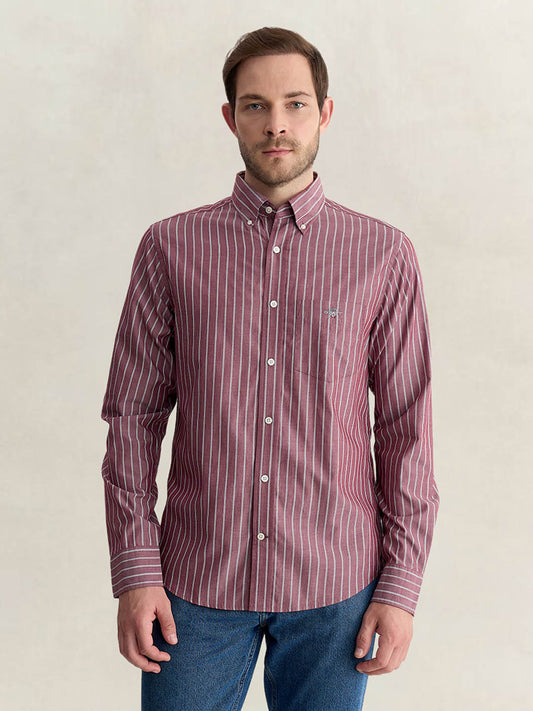 Gant Men Wine Regular Fit Striped Poplin Shirt