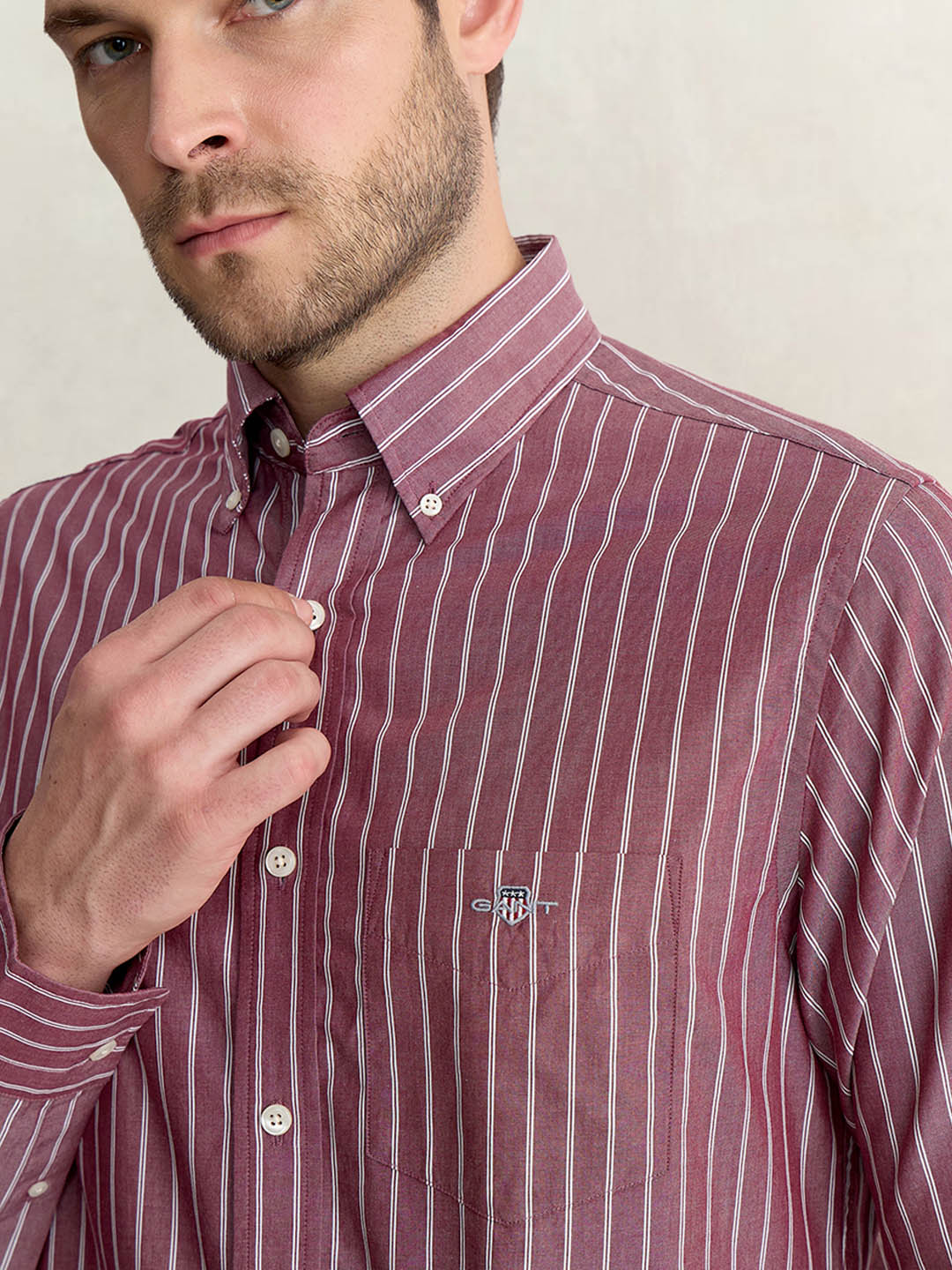Gant Men Wine Regular Fit Striped Poplin Shirt