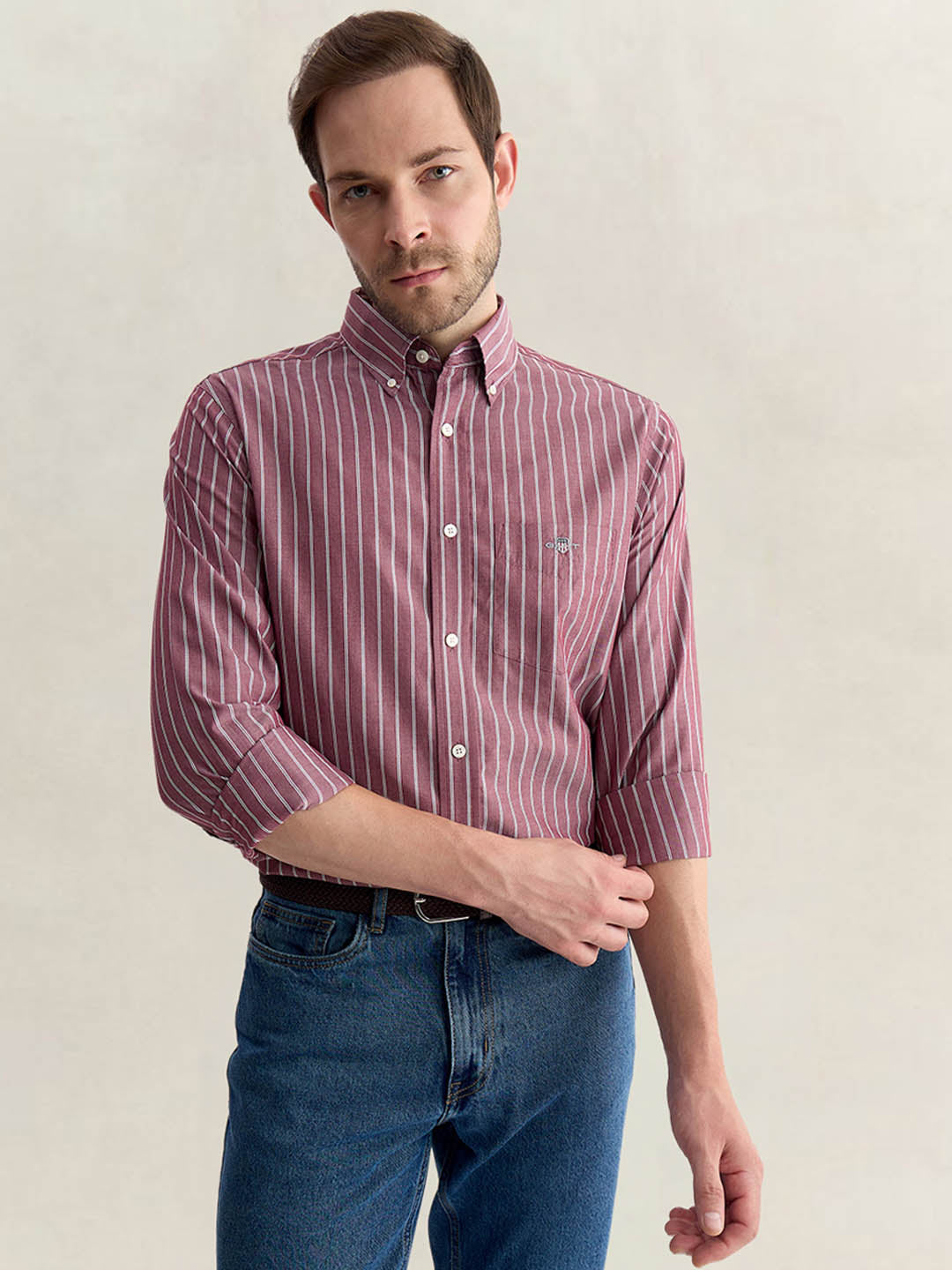 Gant Men Wine Regular Fit Striped Poplin Shirt