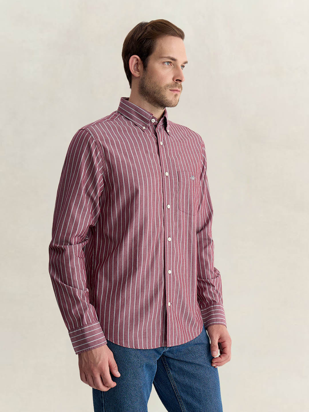 Gant Men Wine Regular Fit Striped Poplin Shirt
