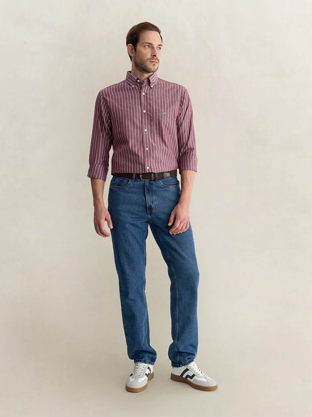 Gant Men Wine Regular Fit Striped Poplin Shirt