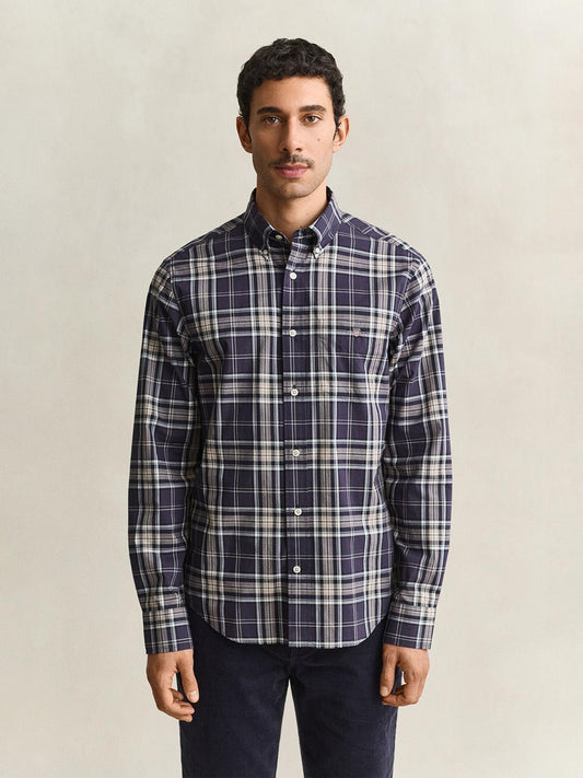 Gant Men Navy Blue Regular Fit Poplin Check Shirt