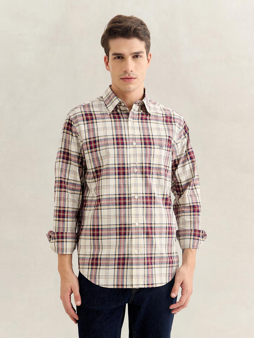 Gant Men Wine Regular Fit Checked Poplin Shirt