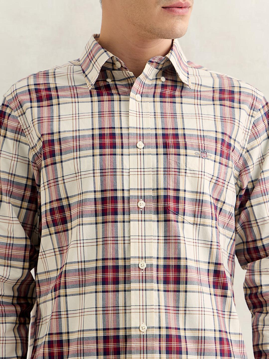 Gant Men Wine Regular Fit Checked Poplin Shirt